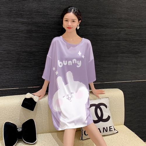 Load image into Gallery viewer, Women&#39;s Pajama Skirt Summer Thin Short Sleeve Medium Length Silk Like Nightwear Cartoon Nightdress Loose Home Clothing
