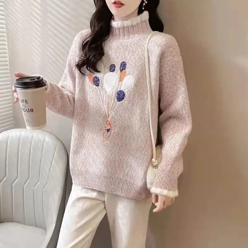 Women Half Turtleneck Sweater Autumn Loose Pullover Knitted Jumper Long Sleeve Cute Embroidery Casual Korean Ladies Tops