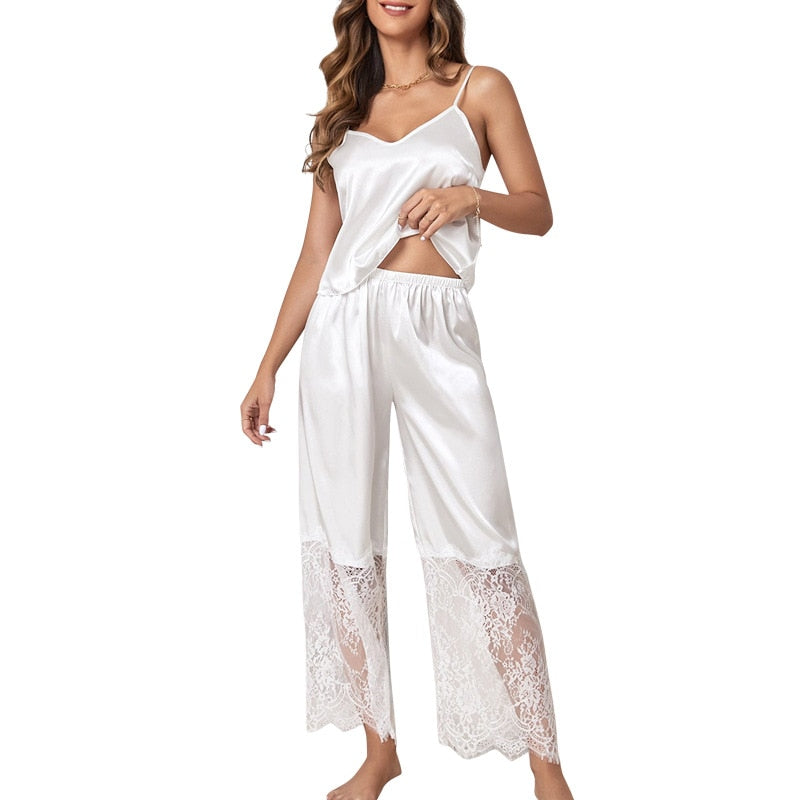 Women's Pajamas Set White Lace Sleepwear Silk Like Casual Homewear Sling Camisole Top Pants Nightwear Femme for Summer