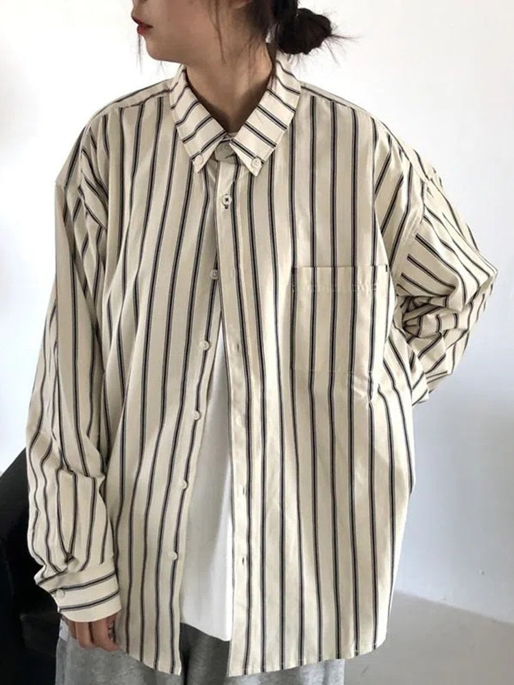 Fashion Striped Women Shirts Oversize Loose Long Sleeve Shirts Spring Elegant Single Breasted Office Ladies Korean Top