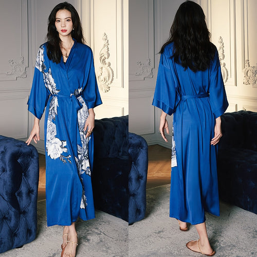 Load image into Gallery viewer, High Quality Women&#39;s Pajamas Long Robe Floral Sleepwear Silk Like Sexy Bathrobe Homewear Luxury Nightwear peignoir femme
