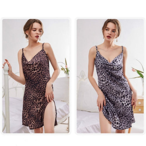 Load image into Gallery viewer, Simulated Silk Sling Sleepwear Women&#39;s Pajamas Sexy Underwear Suspender Leopard Print V-Neck Sleeveless Dress
