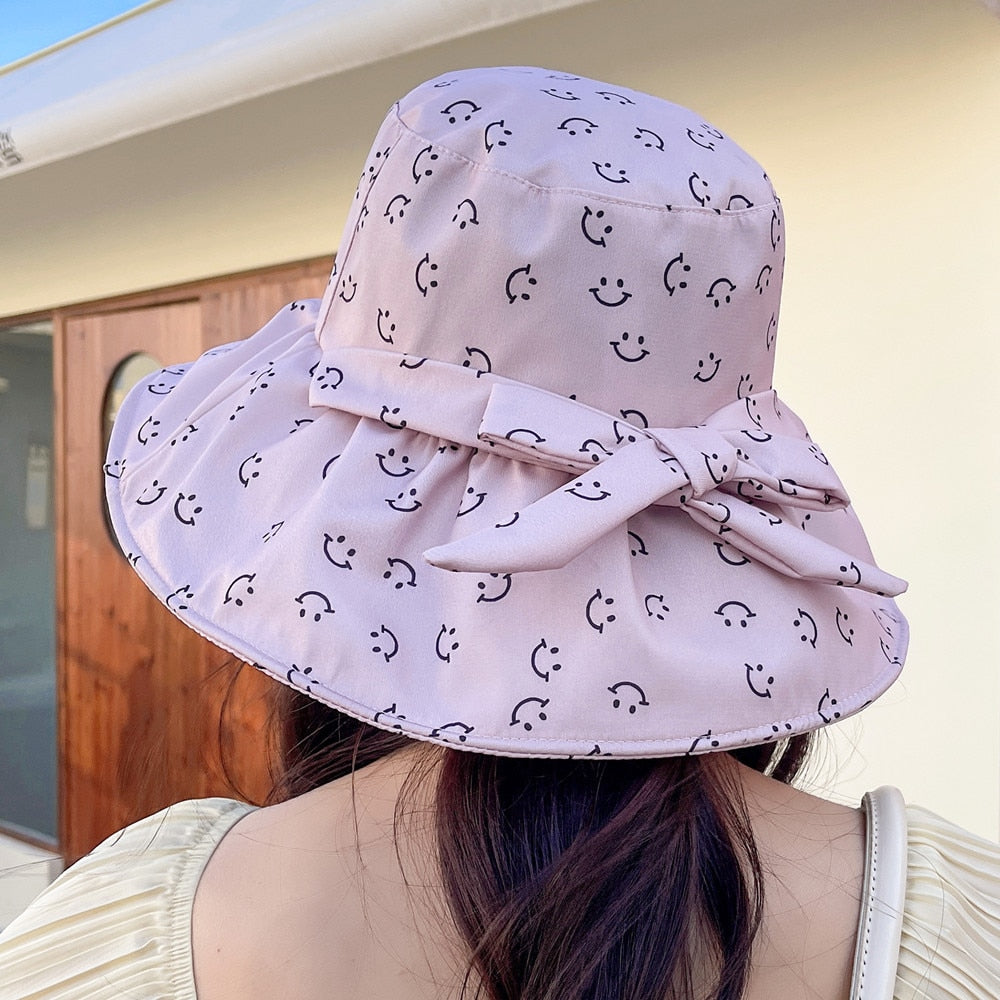 Women's Summer Hat Fashion Smiley Face Pattern Print Cap Bow Design Sun Hat Travel Beach Bucket Hat