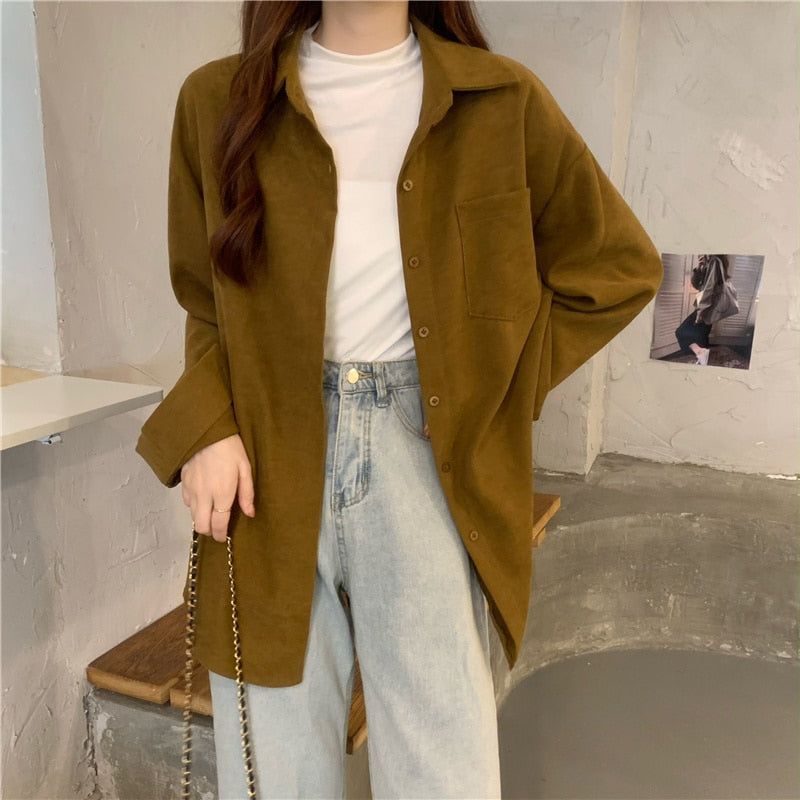 Loose Corduroy Shirts Fashion Women Long Sleeve Spring Button Up Tops Casual Solid Color All Match Female Shirt
