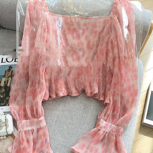 Load image into Gallery viewer, Designed Women Shirts Elegant Flare Sleeve Chiffon Loose Ladies Blouse Summer Button Up Tie Dye Pink Ladies Crop Tops
