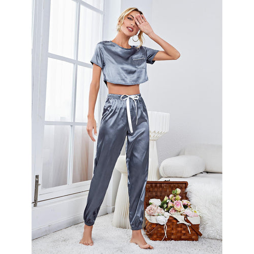 Load image into Gallery viewer, Women&#39;s Pajamas Set Short-sleeve Crop Top Casual Sweatpants With Cuffed Sleepwear Silk Like Nightwear Homewear Femme
