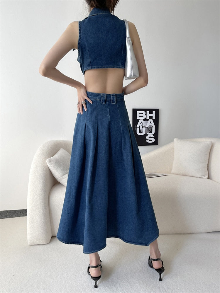 Hollow Out Denim Dress For Women Lapel Sleeveless High Waist Spliced Pockets Casual Dresses Female Clothes Fashion