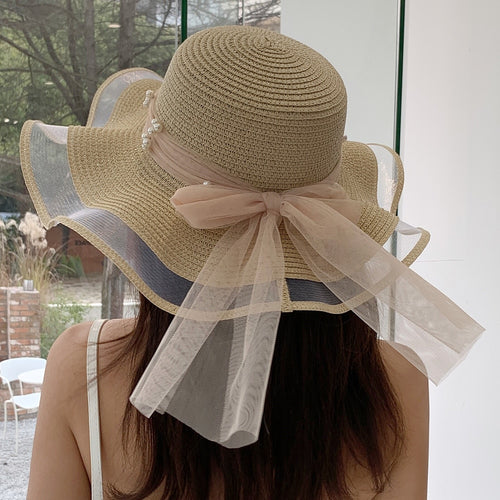 Load image into Gallery viewer, Women&#39;s Summer Hat Fashion Wave Mesh Pearl Design Straw Sun Hat Female Travel  Beach Bucket Hat
