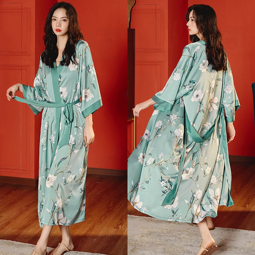 Load image into Gallery viewer, High Quality Women&#39;s Pajamas Long Robe Floral Sleepwear Silk Like Sexy Bathrobe Homewear Luxury Nightwear peignoir femme
