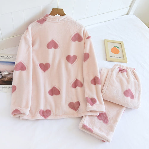 Load image into Gallery viewer, Women&#39;s Pajamas Set Warm Flannel Cute Heart Print Sleepwear Casual Homewear V Neck Nightwear Femme New for Winter
