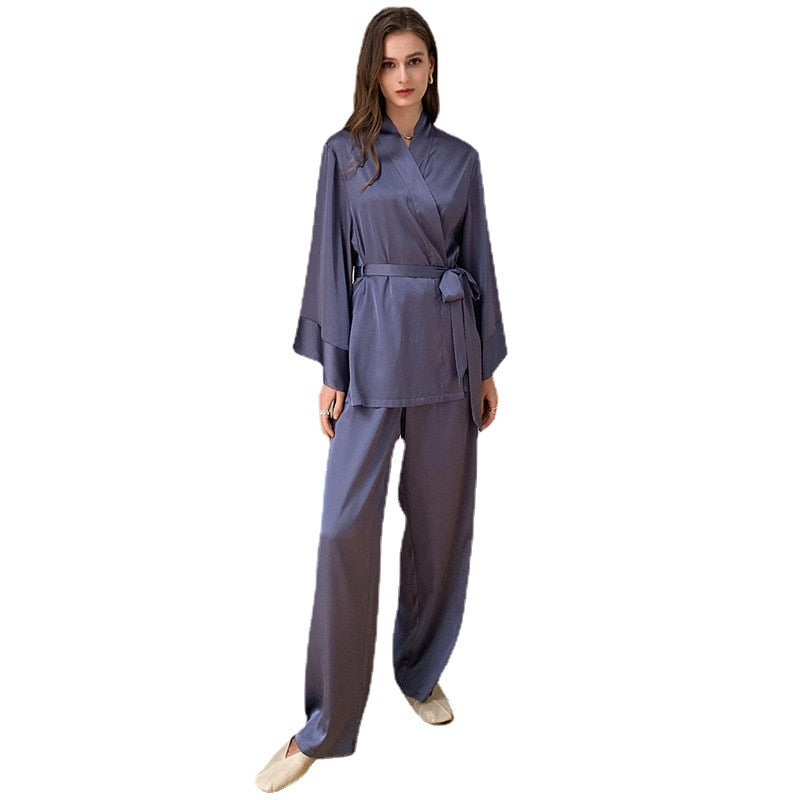 Women's Pajamas Set Solid Sleepwear Silk Like Casual Homewear V Neck Nightwear Simplicity Nightgown Femme пижама женская