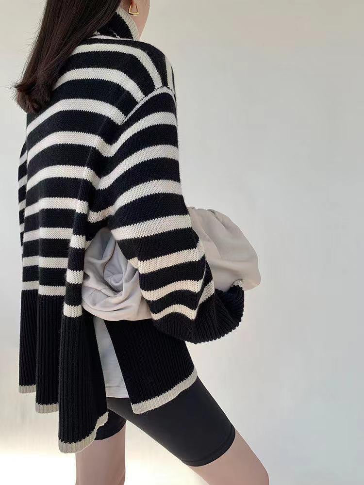 Thick Women Turtleneck Sweaters Winter Fashion Striped Warm Loose Pullover Jumper Oversize Casual Designed Korean Knit Coat