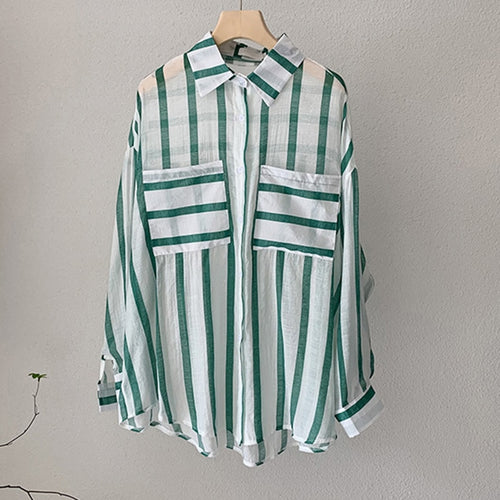 Load image into Gallery viewer, Fashion Striped Women Shirts Loose Korean Long Sleeve Preppy Style Ladies Shirts Casual Pockets Summer Thin Ladies Shirts
