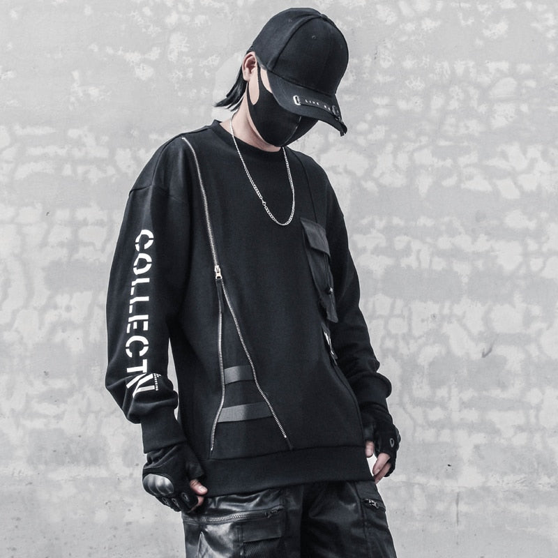 Men Black Patchwork Sweatshirt Hip Hop Vintage O-Neck Pullover Fashion Harajuku Sweat Shirt Tops Men Clothing