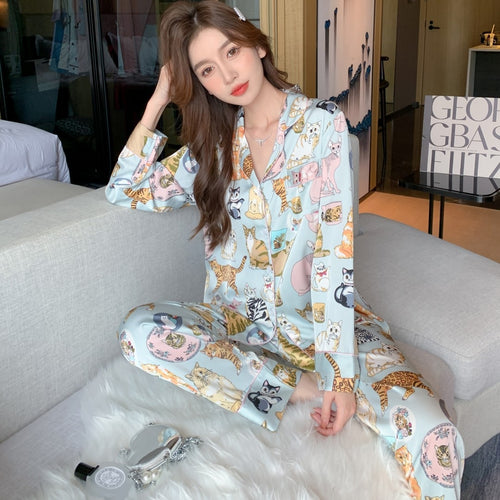 Load image into Gallery viewer, High Quality Women&#39;s Pajamas Set Luxury Pet Cats Pattern Sleepwear Silk Like Casual Homewear Cute Nightwear Femme Petite
