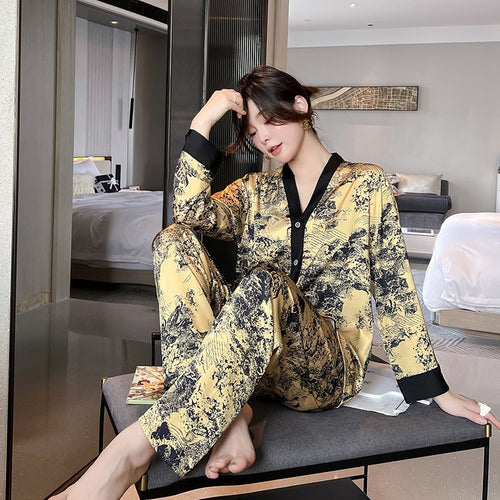 Load image into Gallery viewer, Women&#39;s Pajamas Set Luxury Orange Coconut Print Sleepwear Silk Like Homewear V Neck Nightwear Leisure Loungewear
