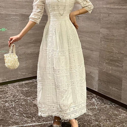 Load image into Gallery viewer, Solid Minimalist Lace Dresses For Women Stand Collar Puff Sleeve High Waist Cut Out A Line Dress Female Fashion
