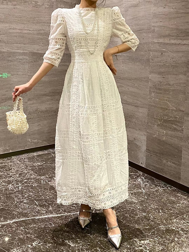 Solid Minimalist Lace Dresses For Women Stand Collar Puff Sleeve High Waist Cut Out A Line Dress Female Fashion