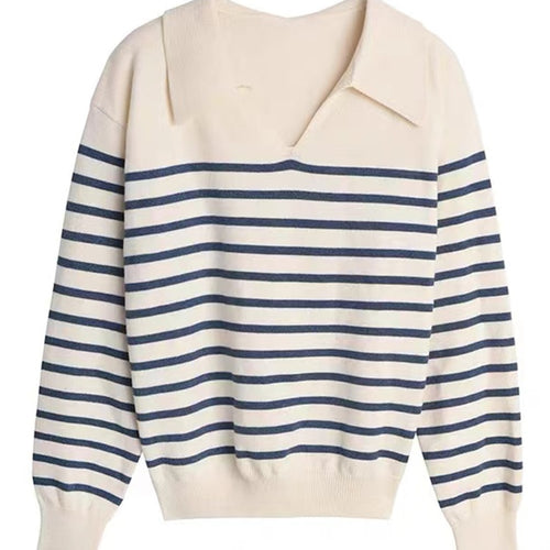 Load image into Gallery viewer, Designed Striped Women Sweater Pullover Korean V Neck Loose Jumper Long Sleeve Fall Office Ladies Blue Sweater
