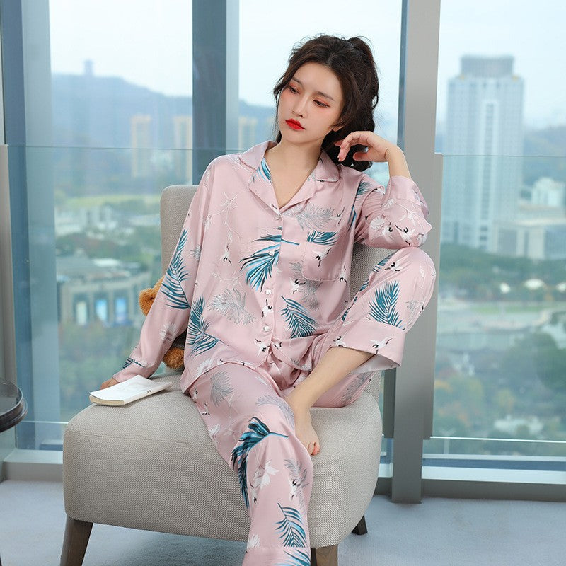 Spring Autumn Fashion Women's Imitation Silk Pajamas Long Sleeve Pants Two Piece Set Lapel Pink Print Thin Homewear