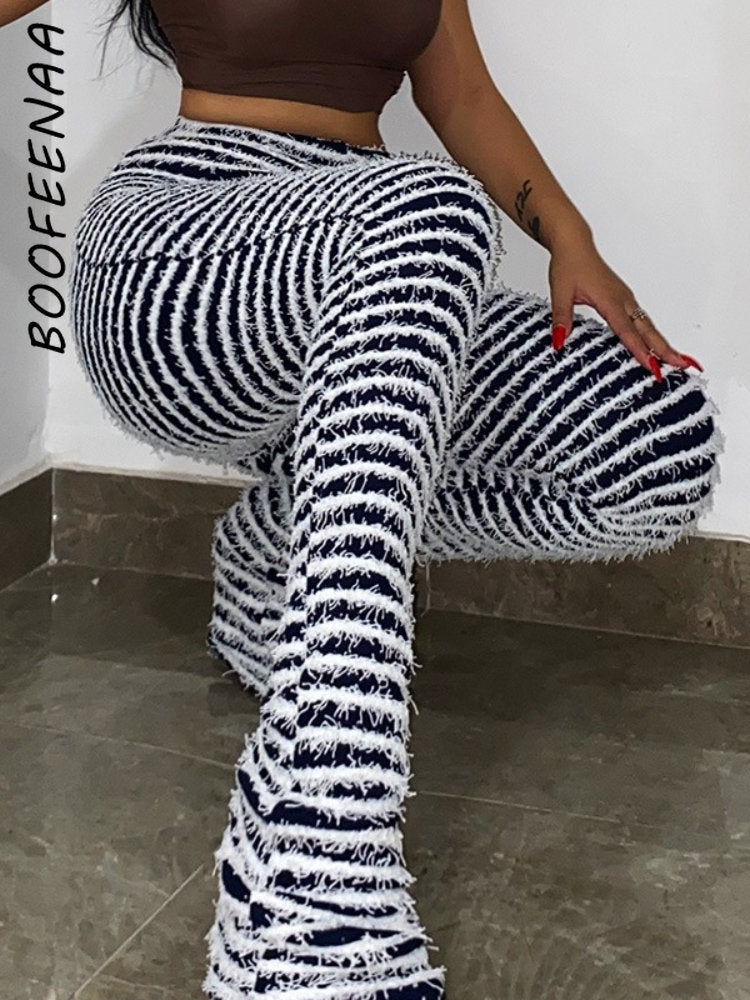 Black and White Striped Knitted Stacked Pants Women Bottoms Streetwear Extra Long High Waist Flare Pants C68-EE42