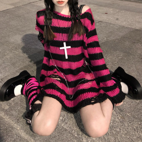 Load image into Gallery viewer, Pink Striped Gothic Sweaters Women Ripped Holes Loose Knitted Pullover Frayed Fairy Grunge Jumpers Emo Streetwear Lolita
