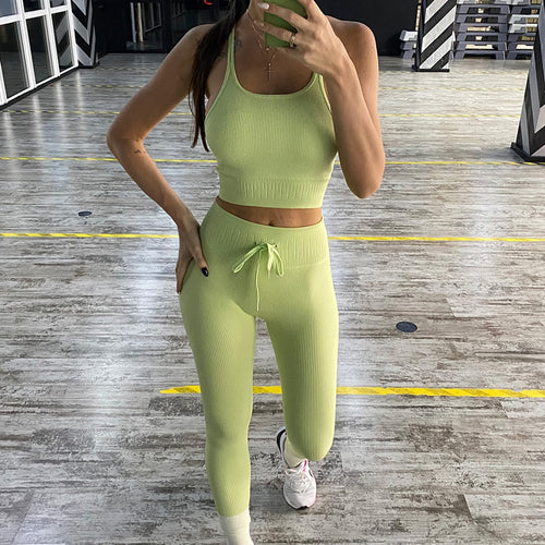 Load image into Gallery viewer, Yoga Set Women&#39;s Sportwear Tops High Neck Vest Drawstring Leggings Shorts Running Sports Pants Workout Outfit Gym Clothing A0641
