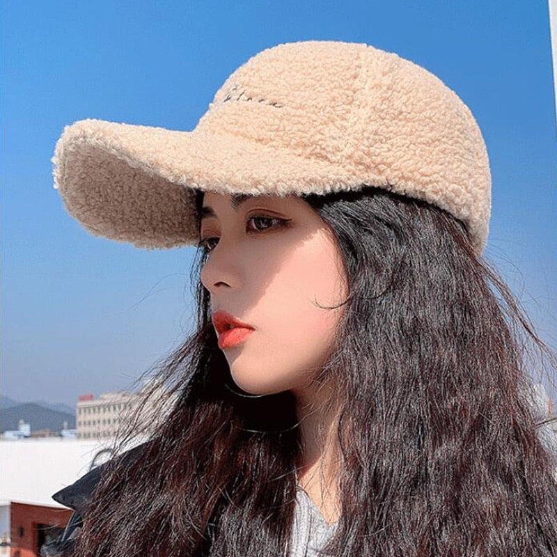 Lamb Wool Baseball Cap Letter Embroidery Women Sun Hat Lady Girls Outdoor Warm Winter Spring Plush Caps