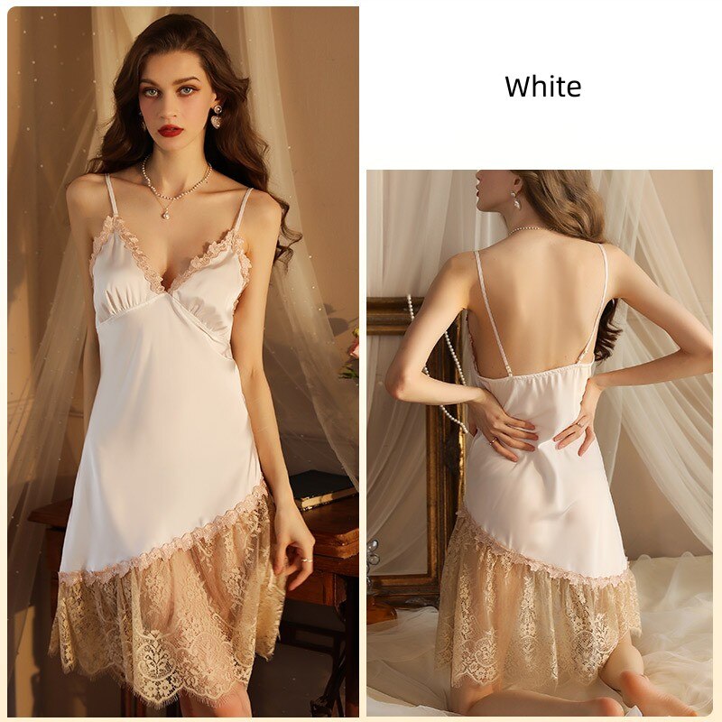 Women's Pajamas Sling Dress Sexy Lace Fish Tail Nightgown Deep V Neck Faux Silk Mini Homedress Tempt Sleepdress Femme