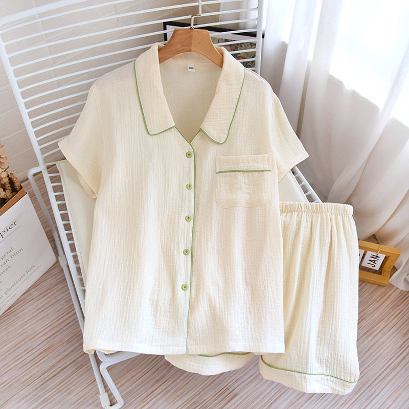 Woven Cotton Pajamas Women's Summer Thin Short Sleeve Shorts Two Piece Set Sweet Solid Color Lapel Cardigan Homewear