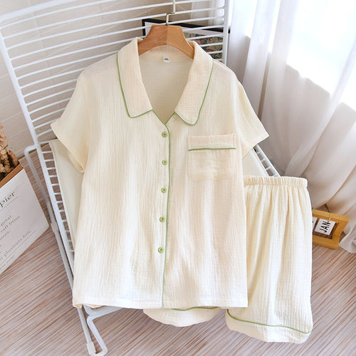 Load image into Gallery viewer, Woven Cotton Pajamas Women&#39;s Summer Thin Short Sleeve Shorts Two Piece Set Sweet Solid Color Lapel Cardigan Homewear
