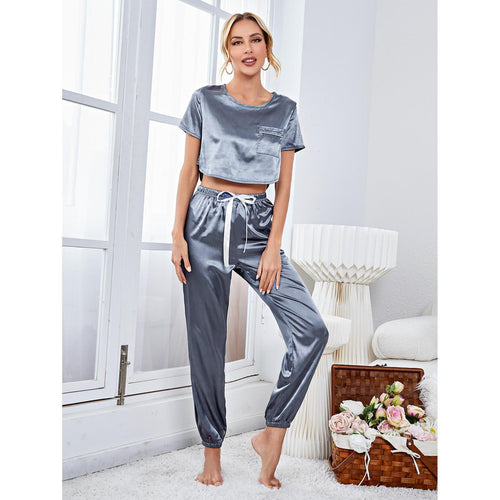 Load image into Gallery viewer, Women&#39;s Pajamas Set Short-sleeve Crop Top Casual Sweatpants With Cuffed Sleepwear Silk Like Nightwear Homewear Femme
