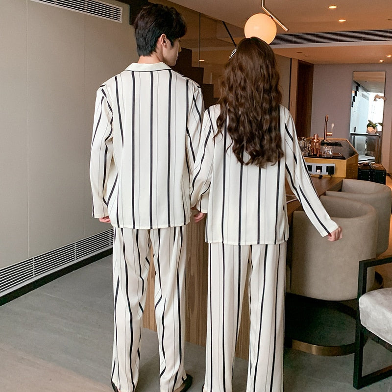Ice Silk Couple Pajamas Women's Fashion Stripe Long Sleeve Pants 2-piece Suit Men's Large Size Satin Home Clothes