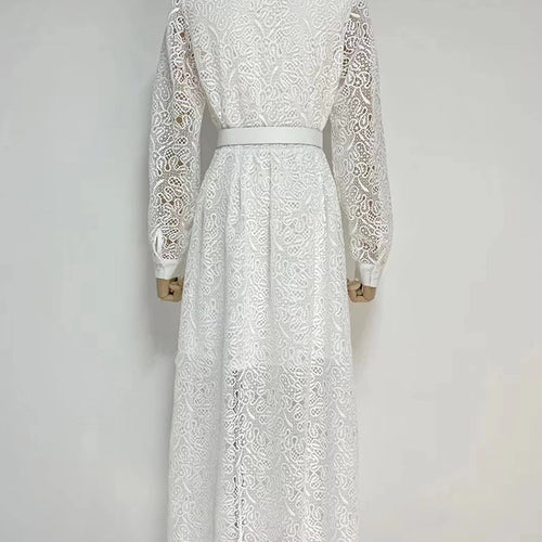 Load image into Gallery viewer, Vintage Lace Panel Dress For Women Lapel Long Sleeve High Waist Solid Elegant Midi Dresses Female Clothes Style
