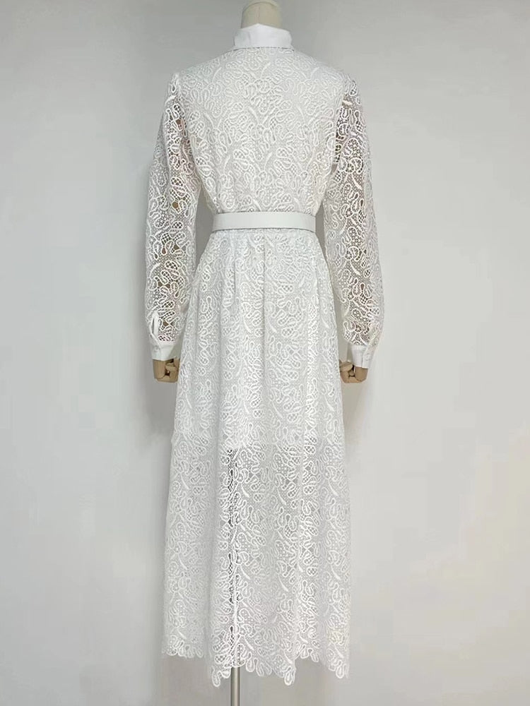 Vintage Lace Panel Dress For Women Lapel Long Sleeve High Waist Solid Elegant Midi Dresses Female Clothes Style