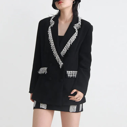 Load image into Gallery viewer, Temperament Spliced Tassel Blazers For Women Notched Collar Long Sleeve Solid Blazer Female Fashion Clothing
