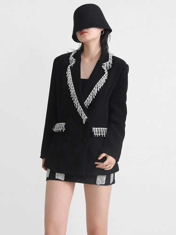 Temperament Spliced Tassel Blazers For Women Notched Collar Long Sleeve Solid Blazer Female Fashion Clothing