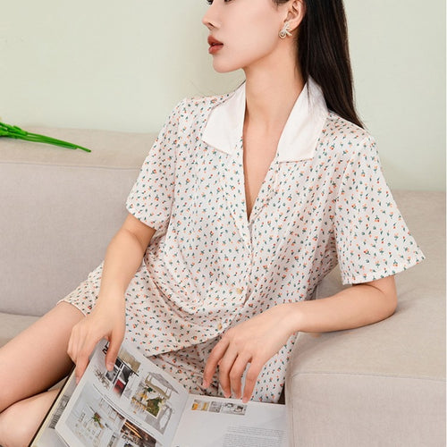 Load image into Gallery viewer, Women&#39;s Imitation Silk Sleepwear Small Fragmented Flower Pajamas Short Sleeve Cardigan Shorts Comfortable Home Clothing
