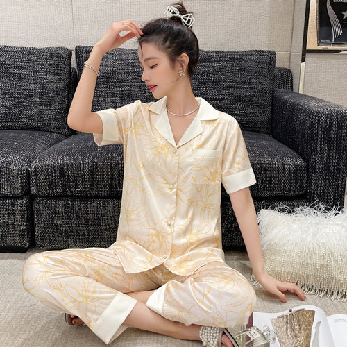 Load image into Gallery viewer, Women&#39;s Pajamas Silk Like Summer Short Sleeve Pants Cardigan Thin Cool Set Comfortable Oversized Printed Homewear
