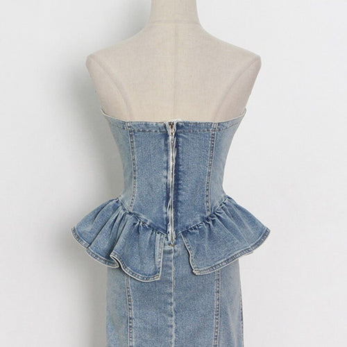 Load image into Gallery viewer, Denim Patchwork Ruffle Dress For Women Strapless Sleeveless High Waist Slim Sexy Dresses Female Fashion Clothes
