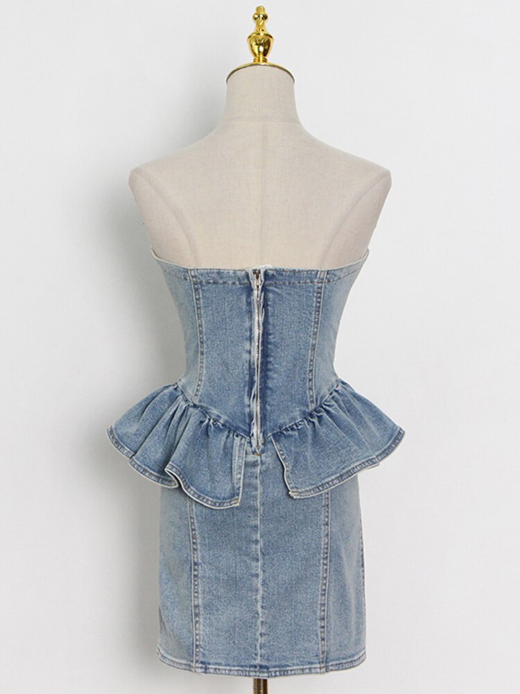 Denim Patchwork Ruffle Dress For Women Strapless Sleeveless High Waist Slim Sexy Dresses Female Fashion Clothes