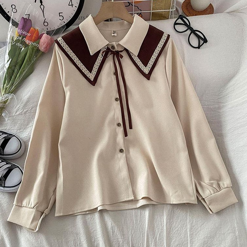 Sweet Peter Pan Collar Women Shirts Fashion Button Up Lace Up White Shirt Loose Designed Student Fall Long Sleeve Tops