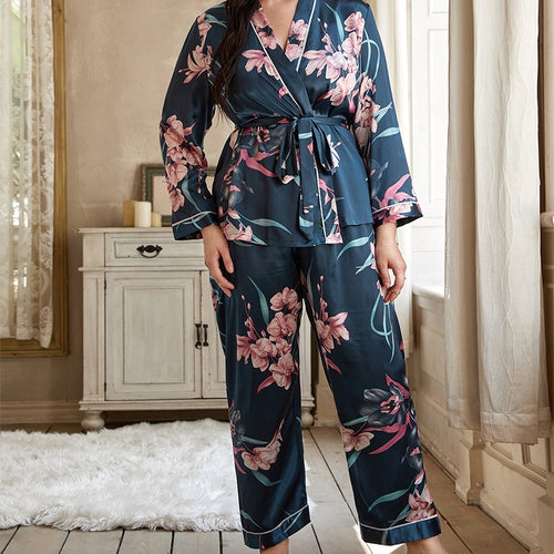 Load image into Gallery viewer, Plus Size Women&#39;s Pajamas Set Floral Print Free Sleepwear Silk Like Homewear Elegant V Neck Nightwear with 4XL 5XL
