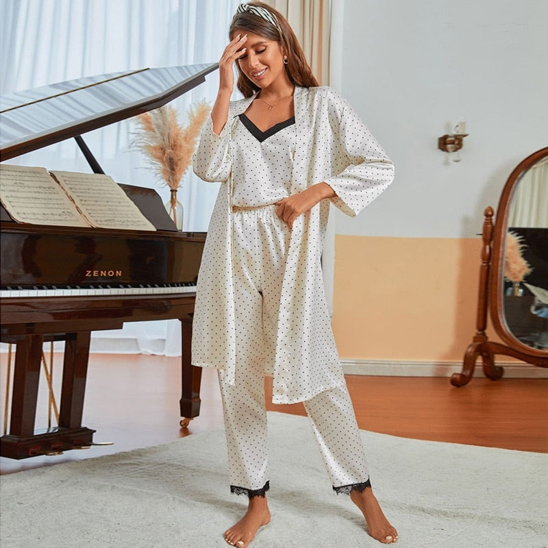 Women Pajamas 3-Piece Set Polka Dot Robe Sling Top Pants Silky Touch Nightwear V-neck Sleepwear Homewear Lounge Set