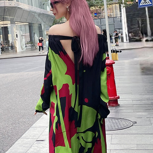 Load image into Gallery viewer, Hit Color Printing Dresses For Women Slash Neck Long Sleeve High Waist Off Shoulder Straight Dress Female Fashion
