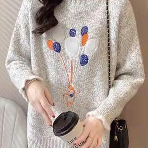 Load image into Gallery viewer, Women Half Turtleneck Sweater Autumn Loose Pullover Knitted Jumper Long Sleeve Cute Embroidery Casual Korean Ladies Tops
