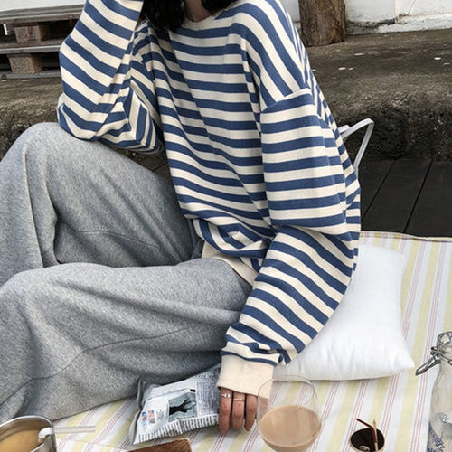 Load image into Gallery viewer, Fashion Striped Women Sweatshirt Harajuku Casual O Neck Cotton Tops Spring Long Sleeve Blue Oversized Female Hoodies
