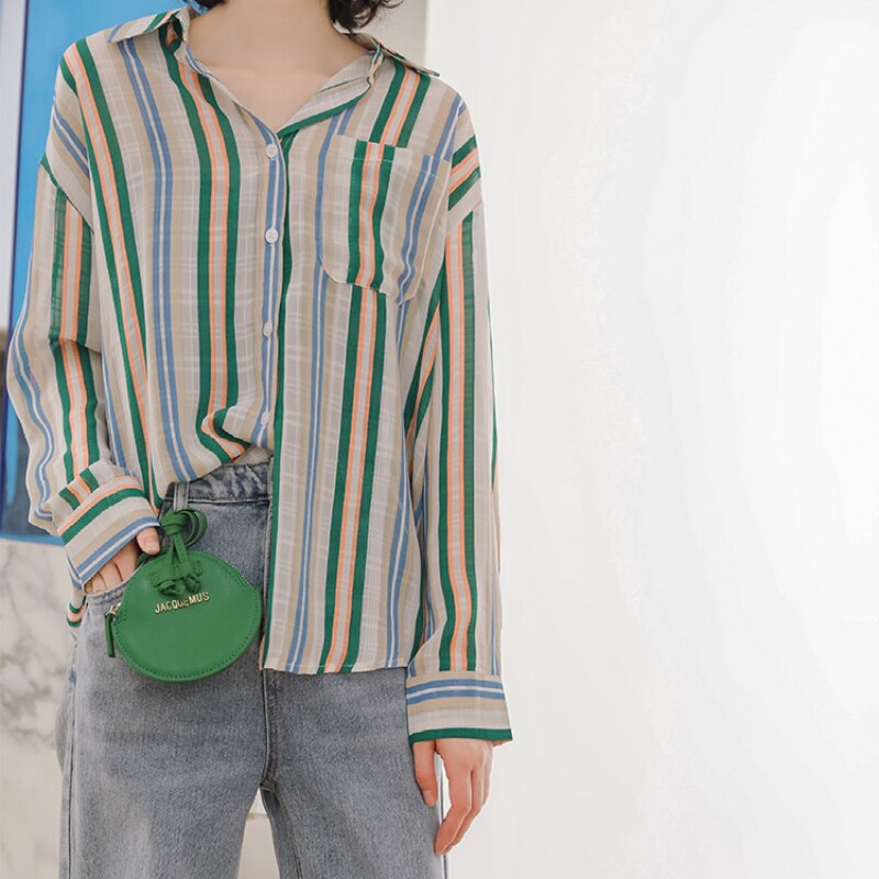 Chiffon Women Thin Shirts Korean Fashion Striped Long Sleeve Casual Pocket Button Up Shirt Designed Loose Female Spring Top