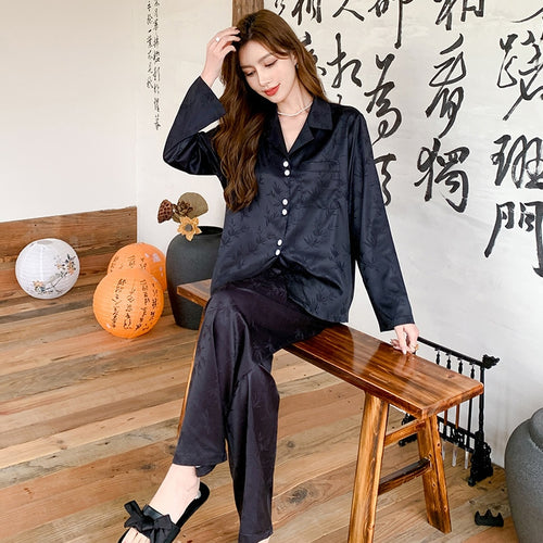 Load image into Gallery viewer, Women&#39;s Pajamas Spring Summer Imitation Silk Bamboo Leaf Jacquard Long-sleeved Trousers Cardigan Suit Home Clothes
