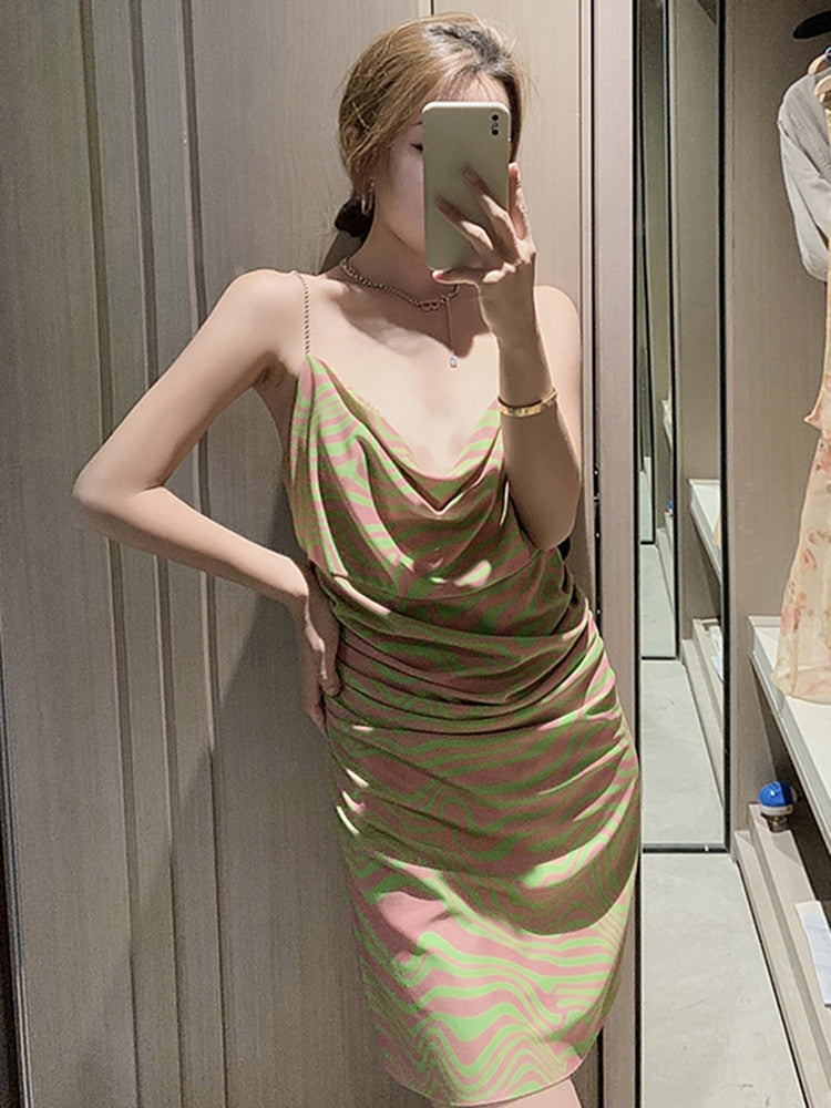 Print Hit Color Dresses For Women Square Collar Sleeveless High Waist Folds Backless Dress Female Summer